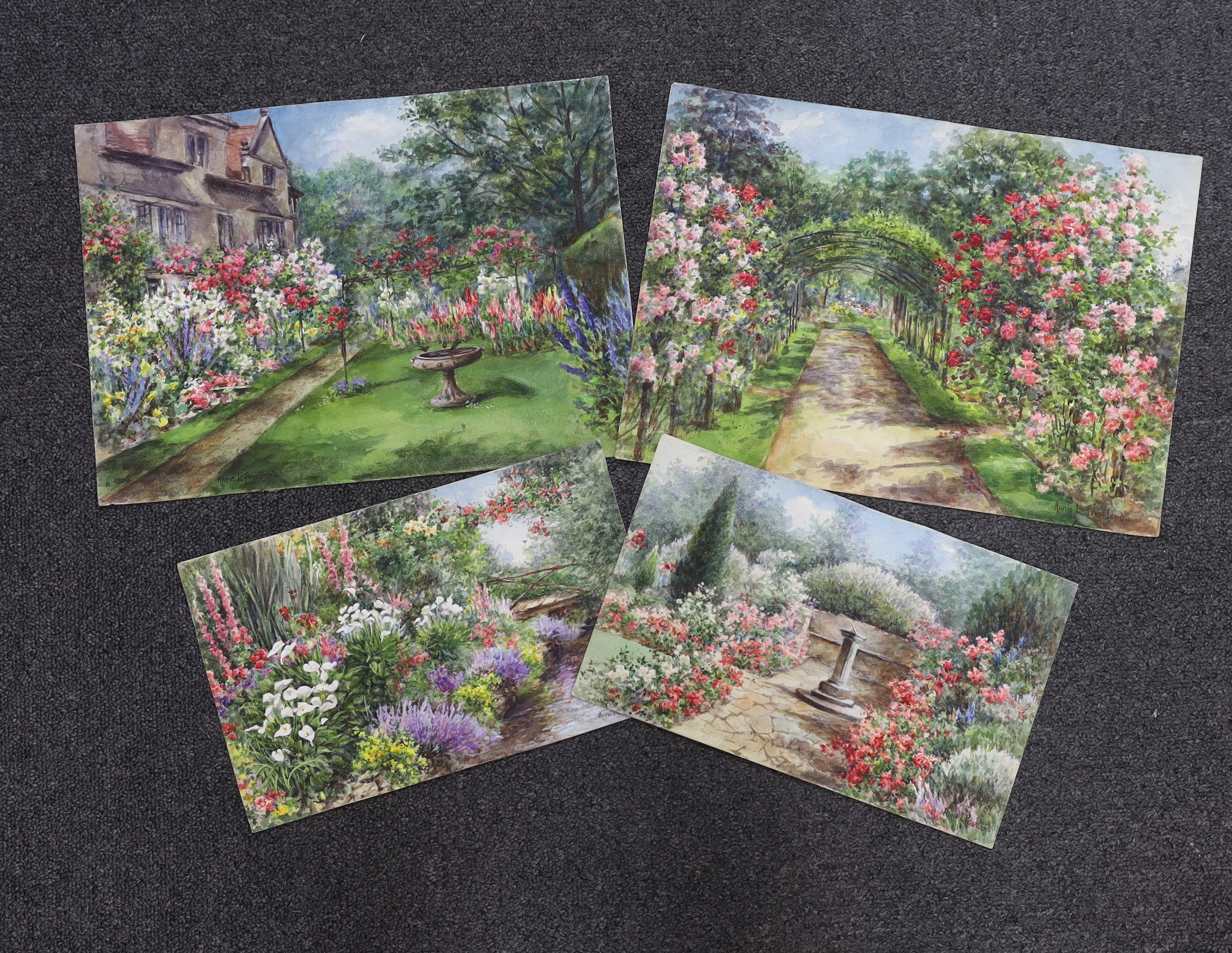 Annie Louise Pressland (1862-1933) four watercolours on card, Country garden landscapes, signed, 35 x 25cm, unframed